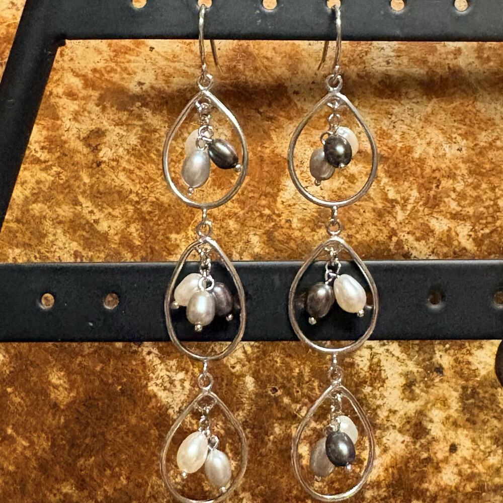 Honora Earrings Sterling Silver Open Teardrops w/ 3 Dangle Pearls in Each